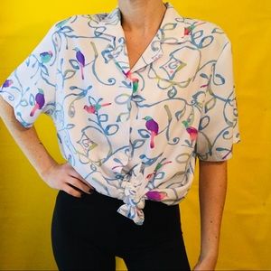 80s Watercolor Bird Button Front Blouse Vintage